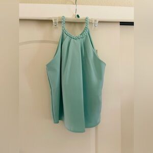 Chic Sleeveless Aqua Blouse with plaid detail